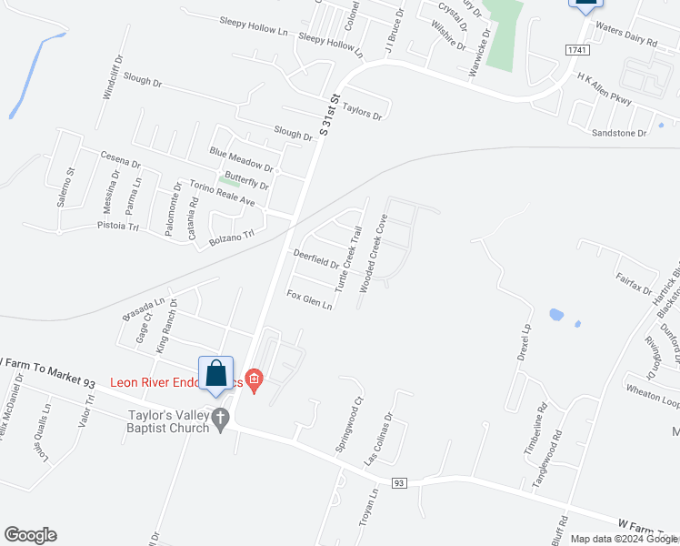 map of restaurants, bars, coffee shops, grocery stores, and more near 2205 Deerfield Drive in Temple