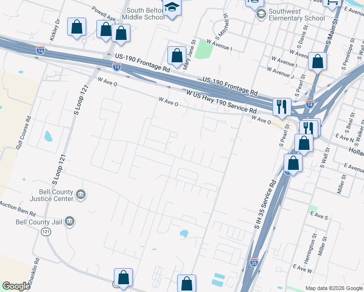 map of restaurants, bars, coffee shops, grocery stores, and more near 1051 West Avenue O in Belton