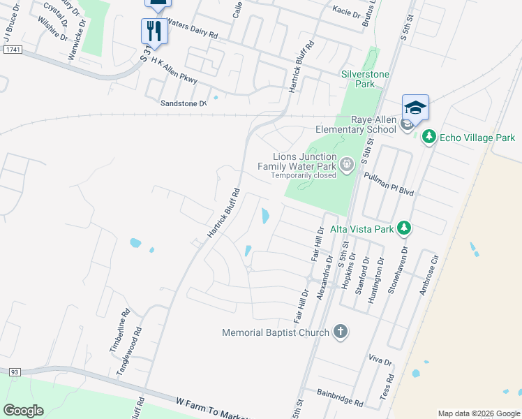 map of restaurants, bars, coffee shops, grocery stores, and more near 5608 Drury Lane in Temple