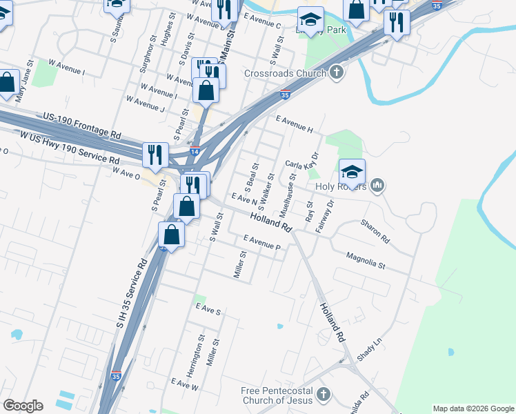 map of restaurants, bars, coffee shops, grocery stores, and more near 503 East Avenue North in Belton