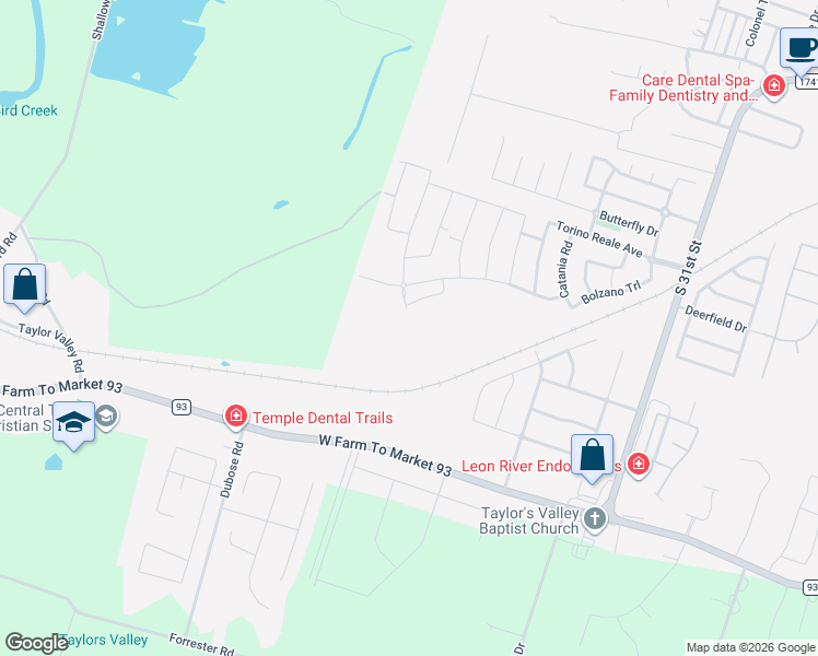 map of restaurants, bars, coffee shops, grocery stores, and more near 3300 Farm to Market Road 93 in Temple