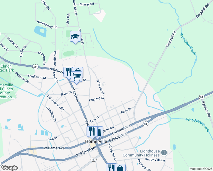 map of restaurants, bars, coffee shops, grocery stores, and more near 480 North Sweat Street in Homerville