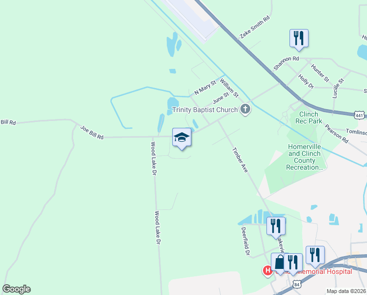 map of restaurants, bars, coffee shops, grocery stores, and more near 200-278 WoodLake Drive in Homerville