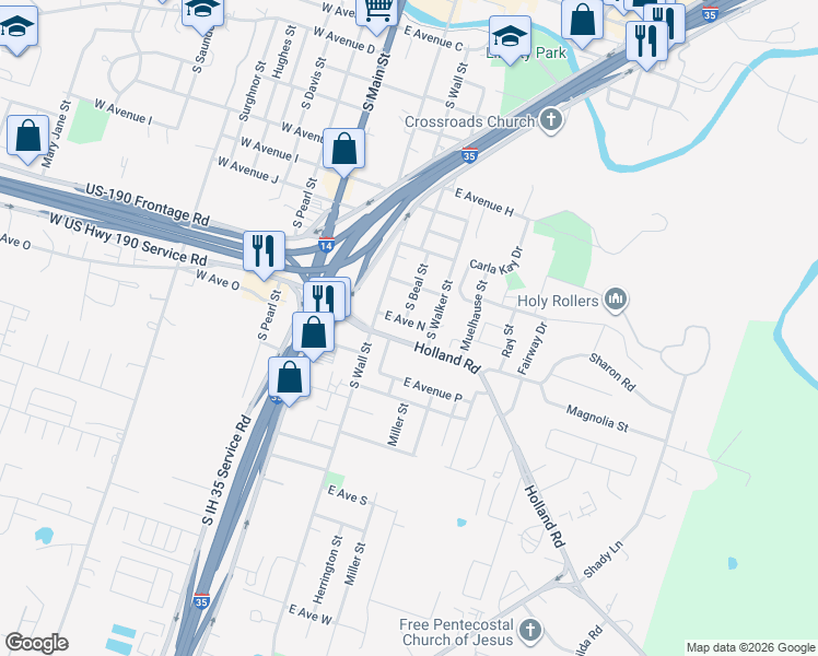 map of restaurants, bars, coffee shops, grocery stores, and more near 503 East Avenue North in Belton