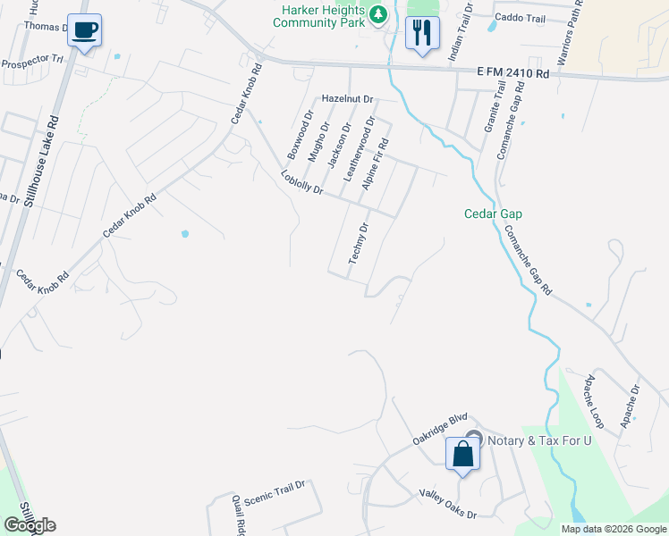 map of restaurants, bars, coffee shops, grocery stores, and more near 2620 Green Giant Drive in Harker Heights