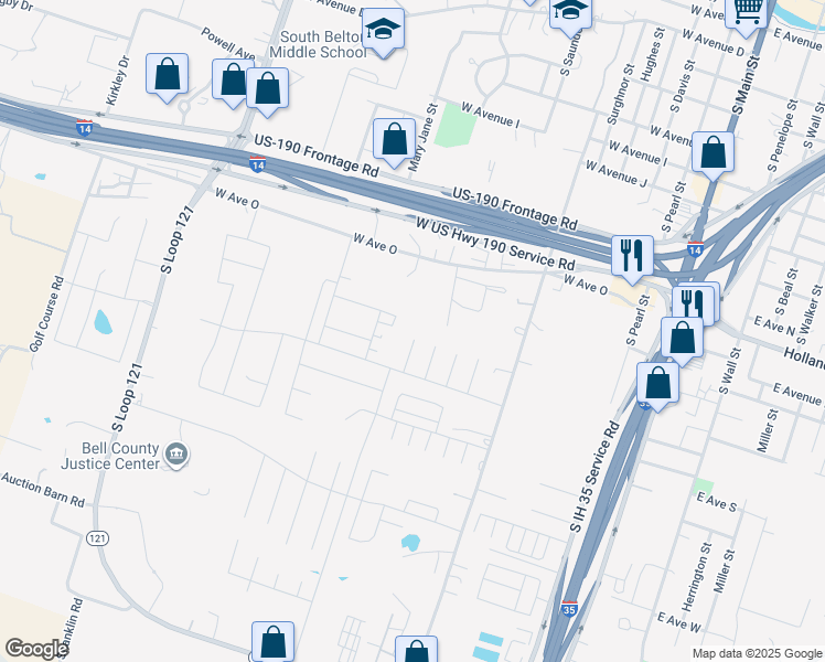 map of restaurants, bars, coffee shops, grocery stores, and more near 1051 West Avenue O in Belton