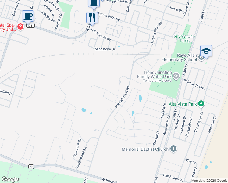 map of restaurants, bars, coffee shops, grocery stores, and more near 5880 Hartrick Bluff Road in Temple
