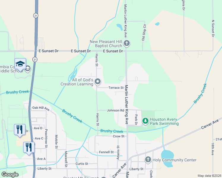 map of restaurants, bars, coffee shops, grocery stores, and more near 118 Terrace Street in Atmore