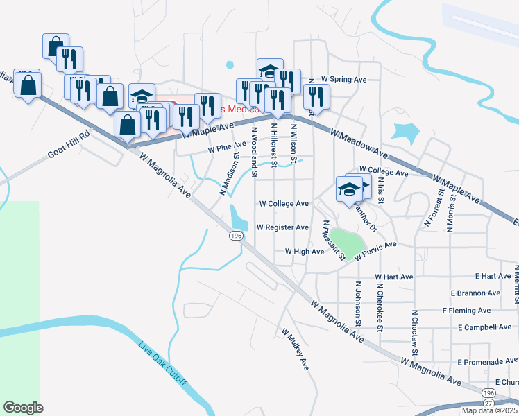 map of restaurants, bars, coffee shops, grocery stores, and more near 204 North Woodland Street in Geneva