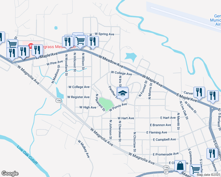 map of restaurants, bars, coffee shops, grocery stores, and more near Panther Drive in Geneva