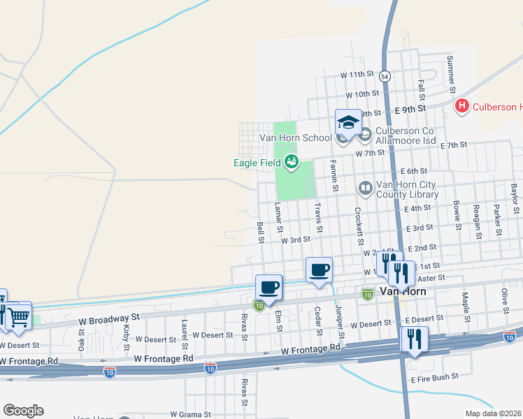 map of restaurants, bars, coffee shops, grocery stores, and more near 501 Bell Street in Van Horn