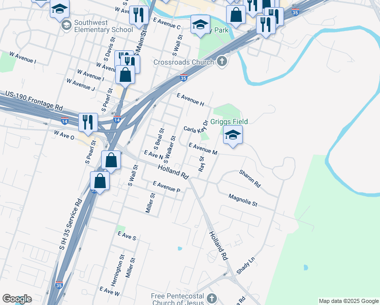 map of restaurants, bars, coffee shops, grocery stores, and more near 1105 Muelhause Street in Belton