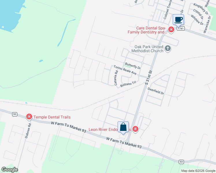 map of restaurants, bars, coffee shops, grocery stores, and more near 2815 Pistoia Trail in Temple