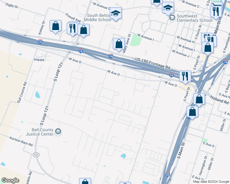 map of restaurants, bars, coffee shops, grocery stores, and more near 1051 West Avenue O in Belton