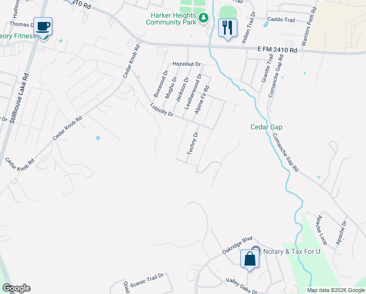 map of restaurants, bars, coffee shops, grocery stores, and more near 2620 Green Giant Drive in Harker Heights