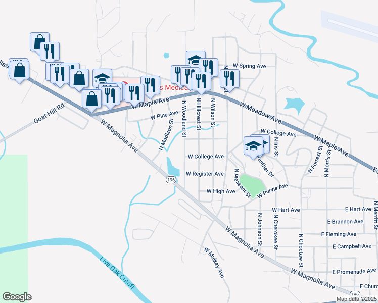 map of restaurants, bars, coffee shops, grocery stores, and more near 204 North Woodland Street in Geneva