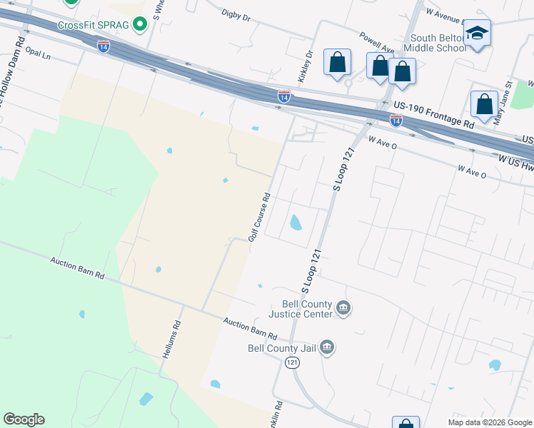 map of restaurants, bars, coffee shops, grocery stores, and more near 2081 Old Golf Course Road in Belton