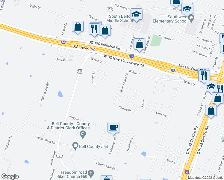 map of restaurants, bars, coffee shops, grocery stores, and more near 1106 West Avenue O in Belton