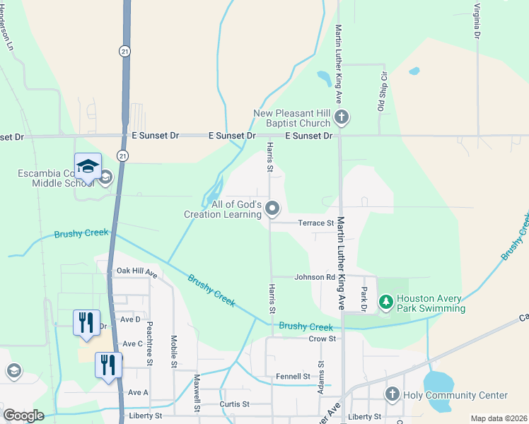 map of restaurants, bars, coffee shops, grocery stores, and more near 2033 Harris Street in Atmore