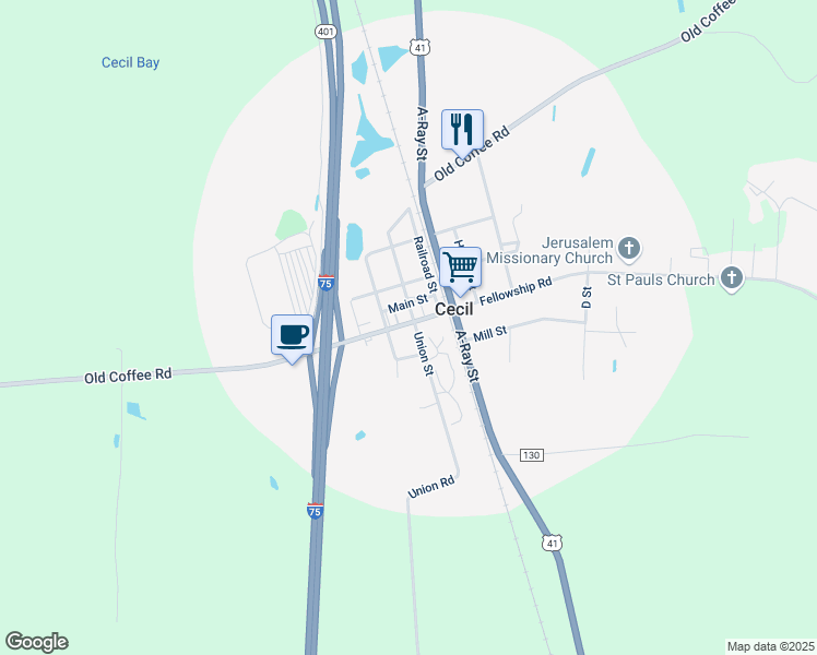 map of restaurants, bars, coffee shops, grocery stores, and more near 2050 Old Coffee Road in Cecil