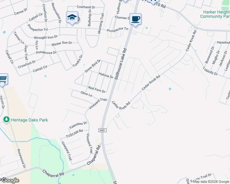 map of restaurants, bars, coffee shops, grocery stores, and more near 2610 Cortona Street in Harker Heights