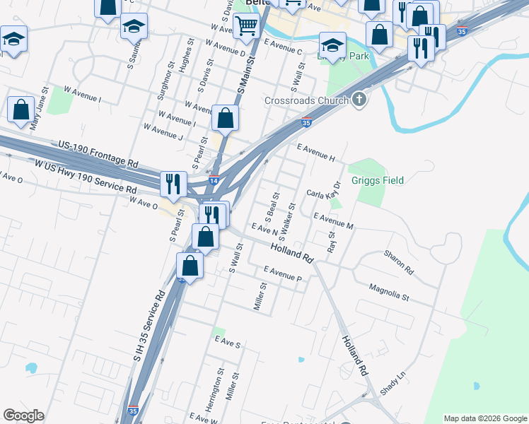 map of restaurants, bars, coffee shops, grocery stores, and more near 1202 South Beal Street in Belton
