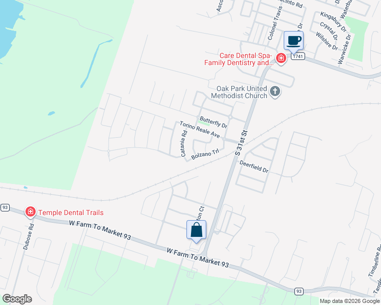 map of restaurants, bars, coffee shops, grocery stores, and more near 6116 Monza Drive in Temple