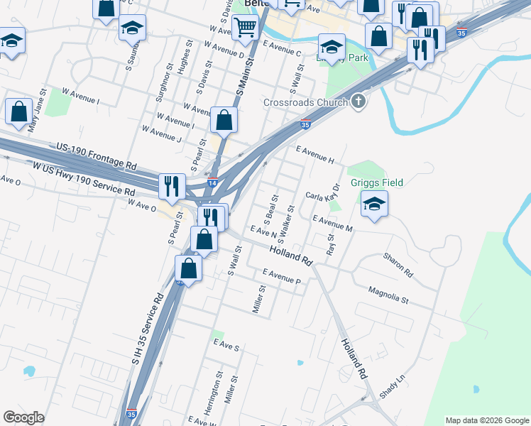 map of restaurants, bars, coffee shops, grocery stores, and more near 1202 South Beal Street in Belton