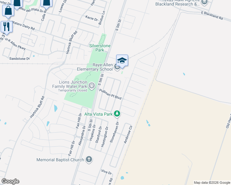 map of restaurants, bars, coffee shops, grocery stores, and more near 5214 Southern Crossing Drive in Temple