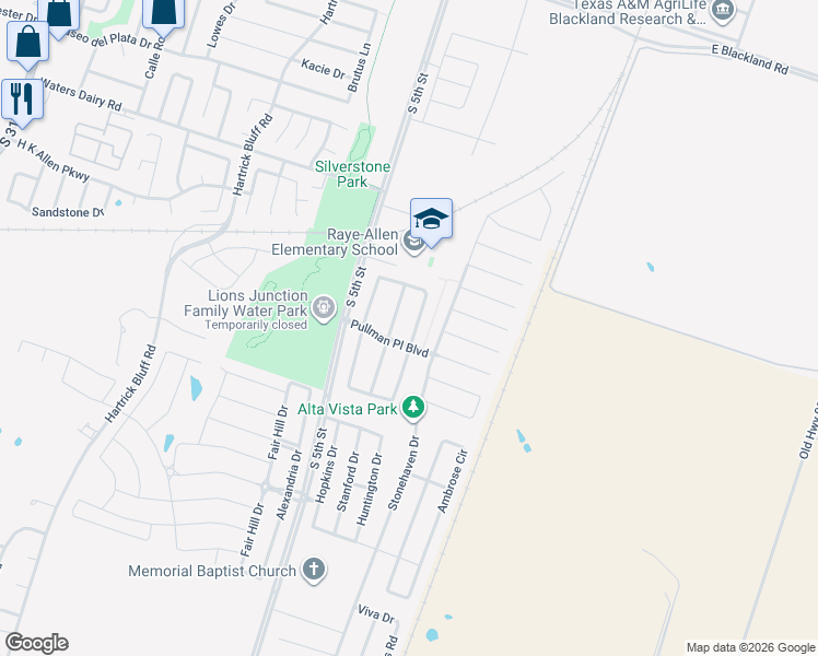 map of restaurants, bars, coffee shops, grocery stores, and more near 5214 Southern Crossing Drive in Temple