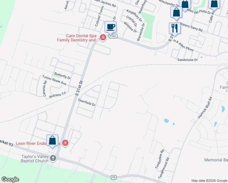 map of restaurants, bars, coffee shops, grocery stores, and more near 2007 Chamberlain Lane in Temple