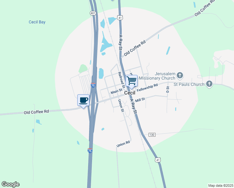 map of restaurants, bars, coffee shops, grocery stores, and more near 2050 Old Coffee Road in Cecil