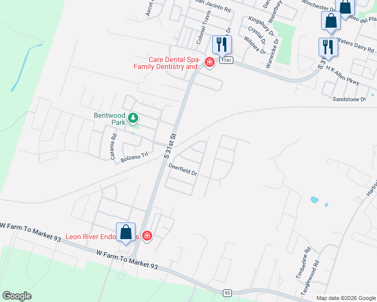 map of restaurants, bars, coffee shops, grocery stores, and more near 5929 Fawn Meadows Drive in Temple