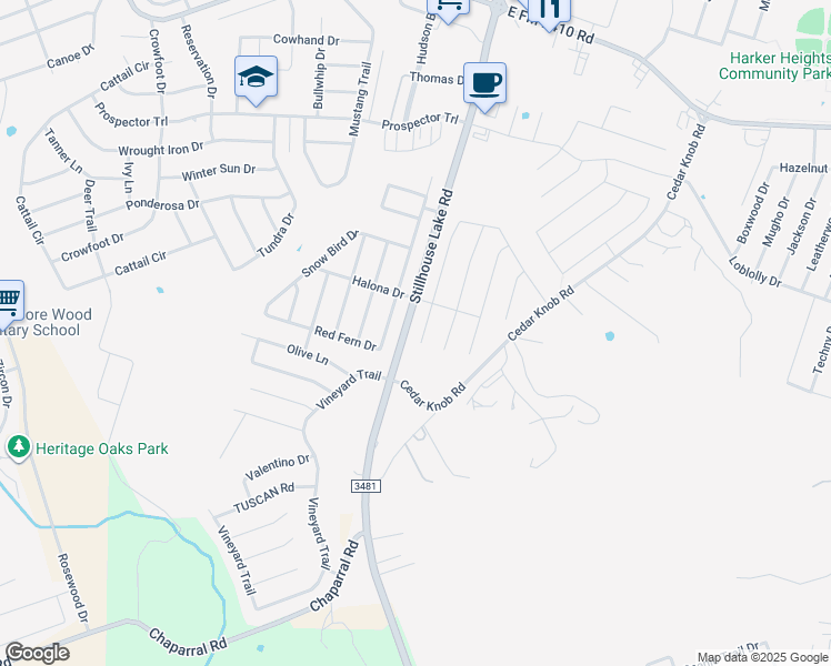 map of restaurants, bars, coffee shops, grocery stores, and more near 2610 Cortona Street in Harker Heights