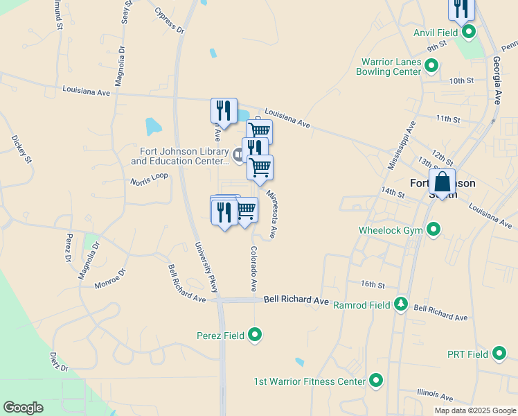 map of restaurants, bars, coffee shops, grocery stores, and more near Colorado Avenue in Fort Polk South