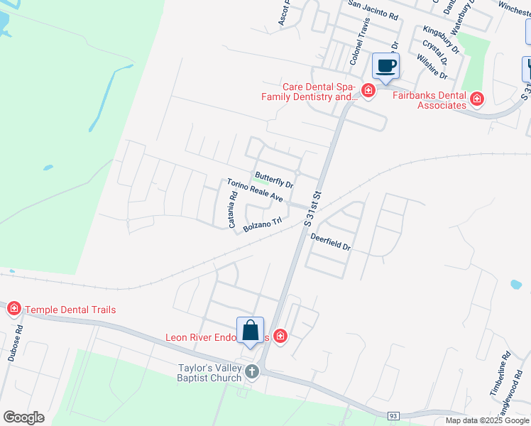 map of restaurants, bars, coffee shops, grocery stores, and more near 6023 Monza Drive in Temple