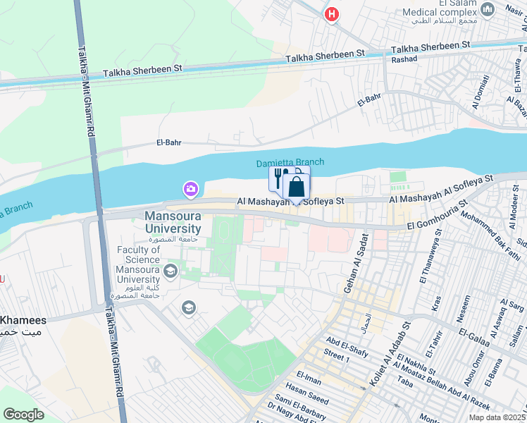map of restaurants, bars, coffee shops, grocery stores, and more near El Gomhouria Street in Mansoura