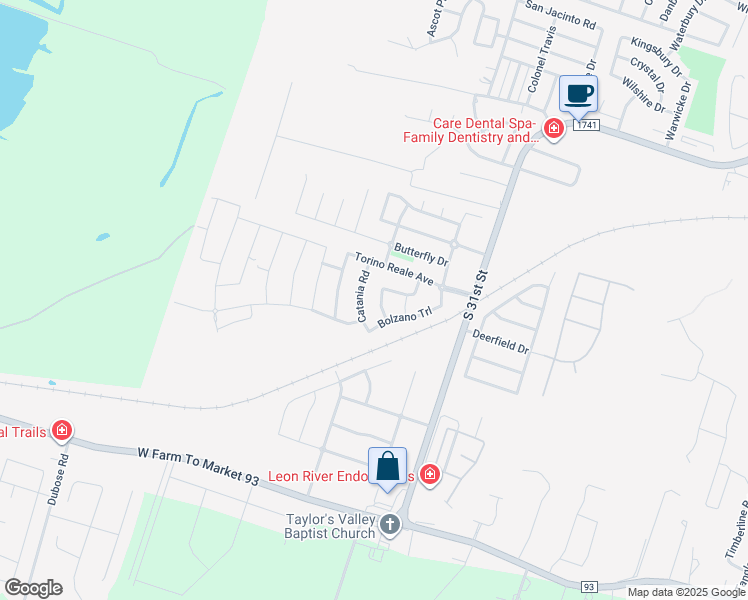 map of restaurants, bars, coffee shops, grocery stores, and more near 6116 Monza Drive in Temple