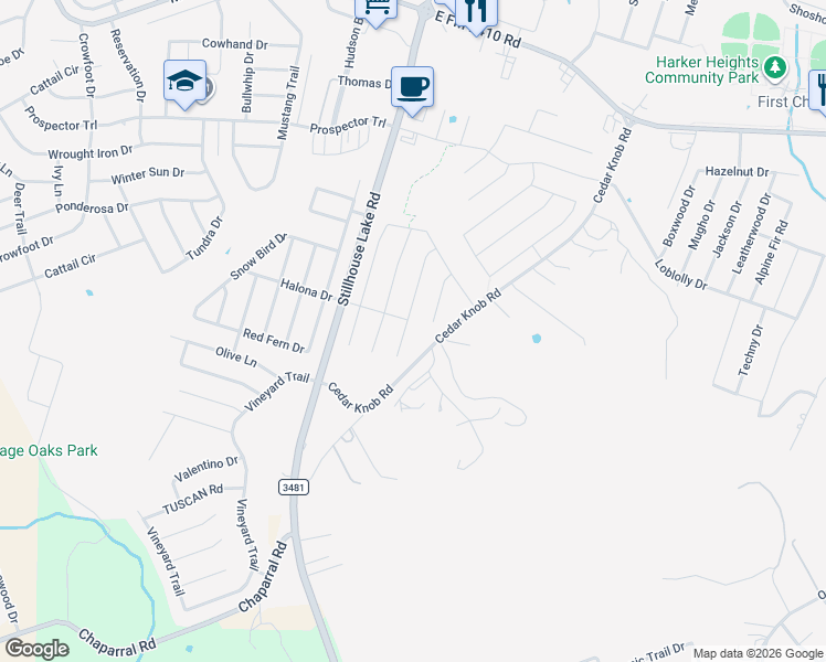 map of restaurants, bars, coffee shops, grocery stores, and more near 2603 Bargello Street in Harker Heights