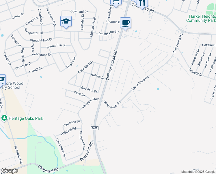 map of restaurants, bars, coffee shops, grocery stores, and more near 2610 Cortona Street in Harker Heights