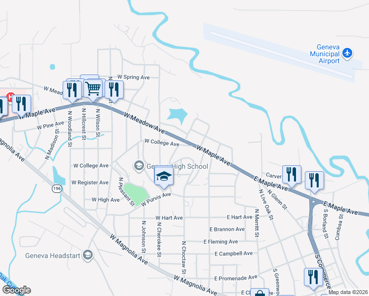 map of restaurants, bars, coffee shops, grocery stores, and more near 205 W College Ave in Geneva
