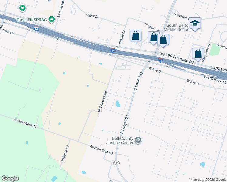 map of restaurants, bars, coffee shops, grocery stores, and more near 2039 Old Golf Course Road in Belton