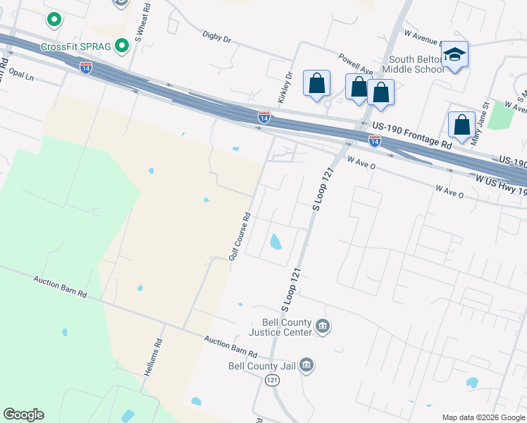 map of restaurants, bars, coffee shops, grocery stores, and more near 2039 Old Golf Course Road in Belton