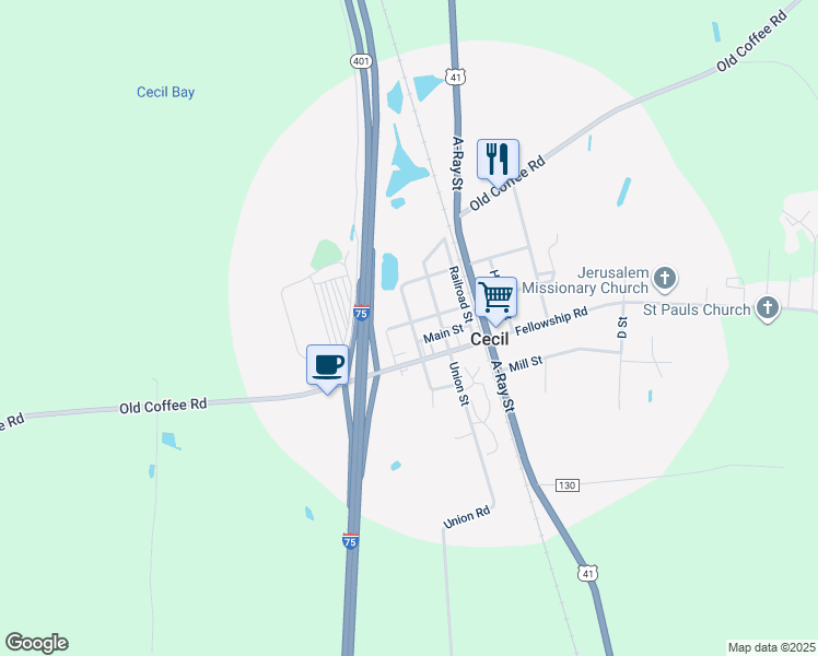 map of restaurants, bars, coffee shops, grocery stores, and more near in Cecil