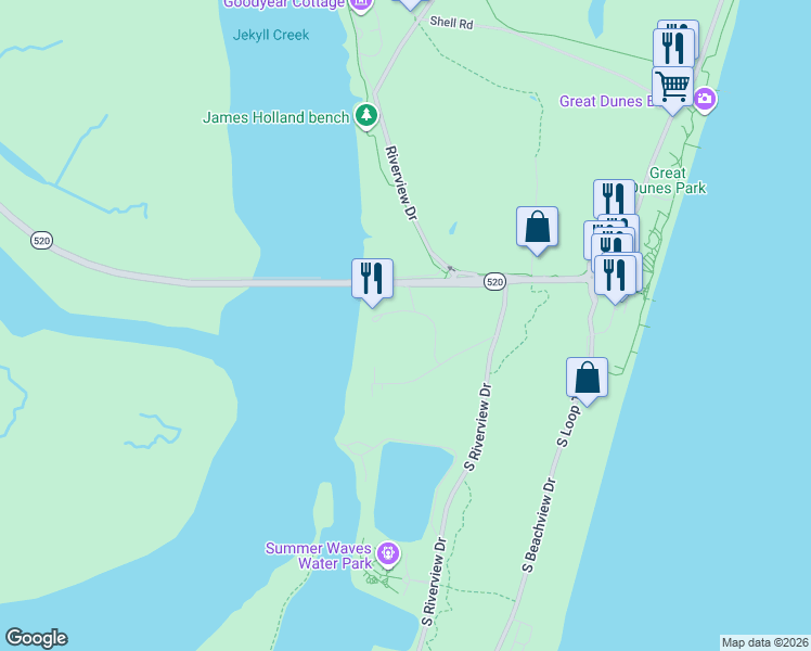 map of restaurants, bars, coffee shops, grocery stores, and more near 1730 Shadowood Lane in Jekyll Island