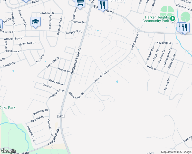 map of restaurants, bars, coffee shops, grocery stores, and more near 2517 Dante Court in Harker Heights
