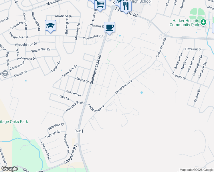 map of restaurants, bars, coffee shops, grocery stores, and more near 2603 Bargello Street in Harker Heights