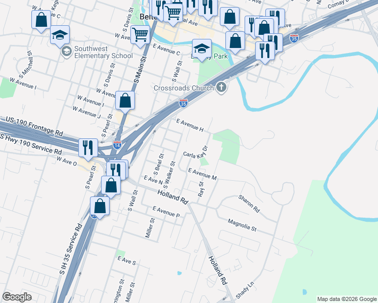 map of restaurants, bars, coffee shops, grocery stores, and more near 1005 Muelhause Street in Belton