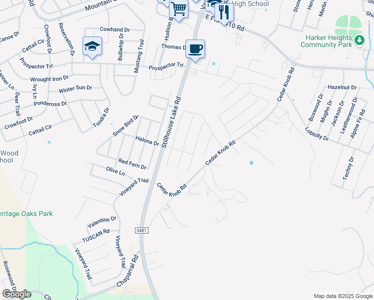 map of restaurants, bars, coffee shops, grocery stores, and more near 2521 Cortona Street in Harker Heights