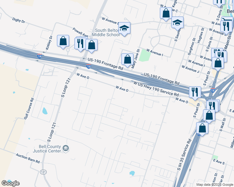 map of restaurants, bars, coffee shops, grocery stores, and more near 1102 West Avenue O in Belton